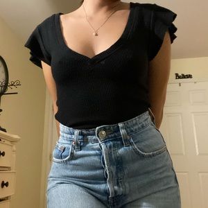 Free People Black Knit Flutter Top